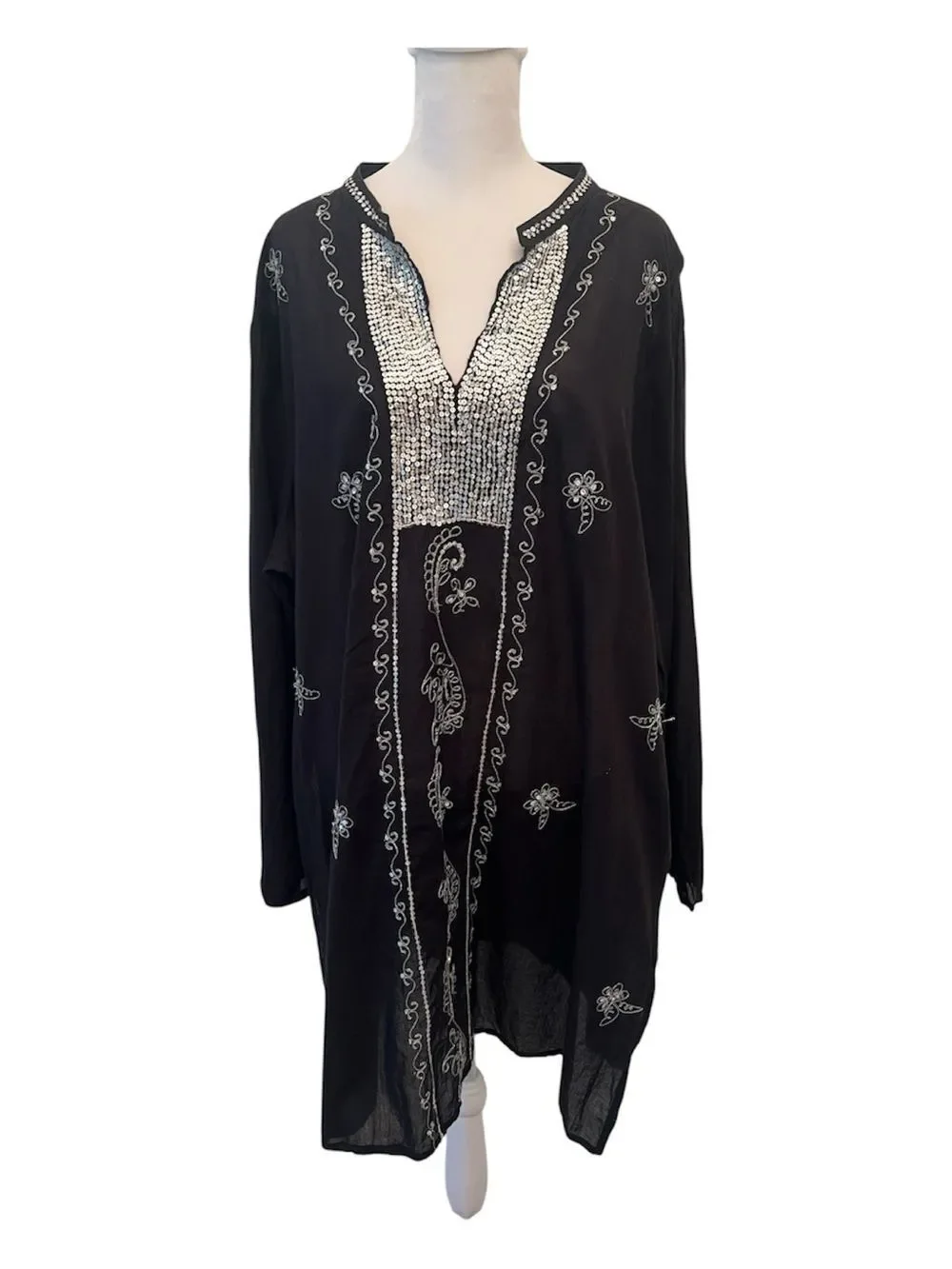 OSFM Sheer Black Long Sleeve Tunic Swim Coverup with Sequins an Side Slits EUC